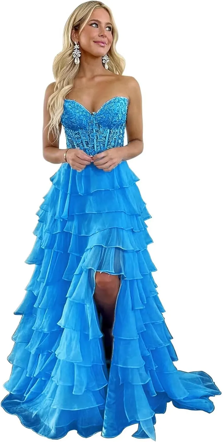WDBFY Tiered Lace Corset Prom Dresses for Women Strapless Long Ruffle Chiffon Formal Evening Party Gowns with Slit