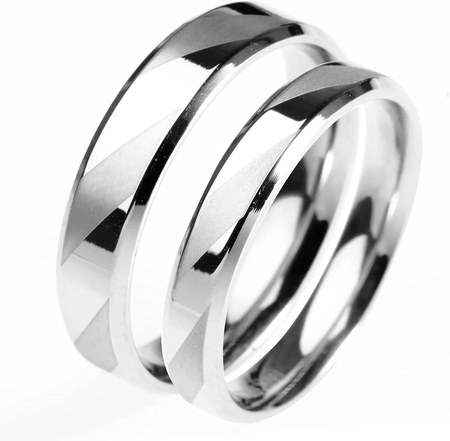 Wedding Bands Sets for Him and Her Silver, Stainless Steel Rings Geometric