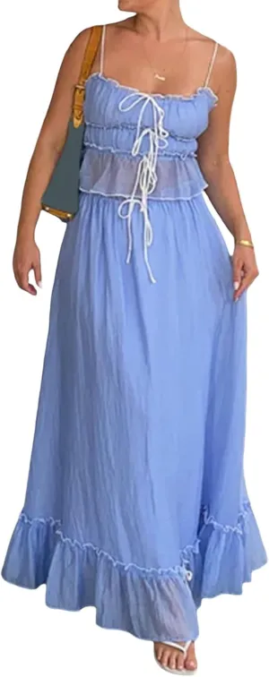 Women 2 Piece Maxi Skirt Set Front Tie-Up Camisoles Tank Top and Ruffle Maxi Dress Summer Two Piece Outfits