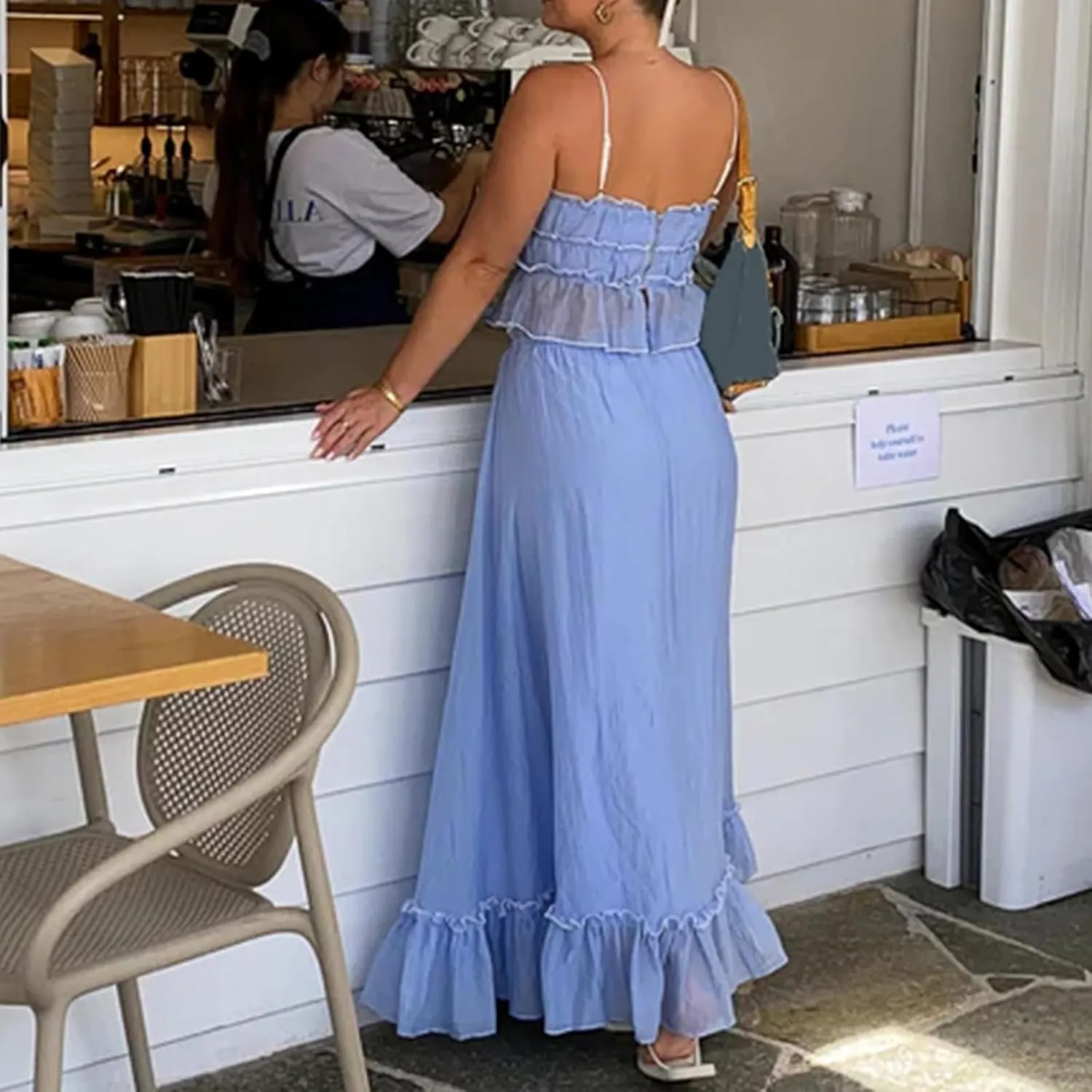 Women 2 Piece Maxi Skirt Set Front Tie-Up Camisoles Tank Top and Ruffle Maxi Dress Summer Two Piece Outfits