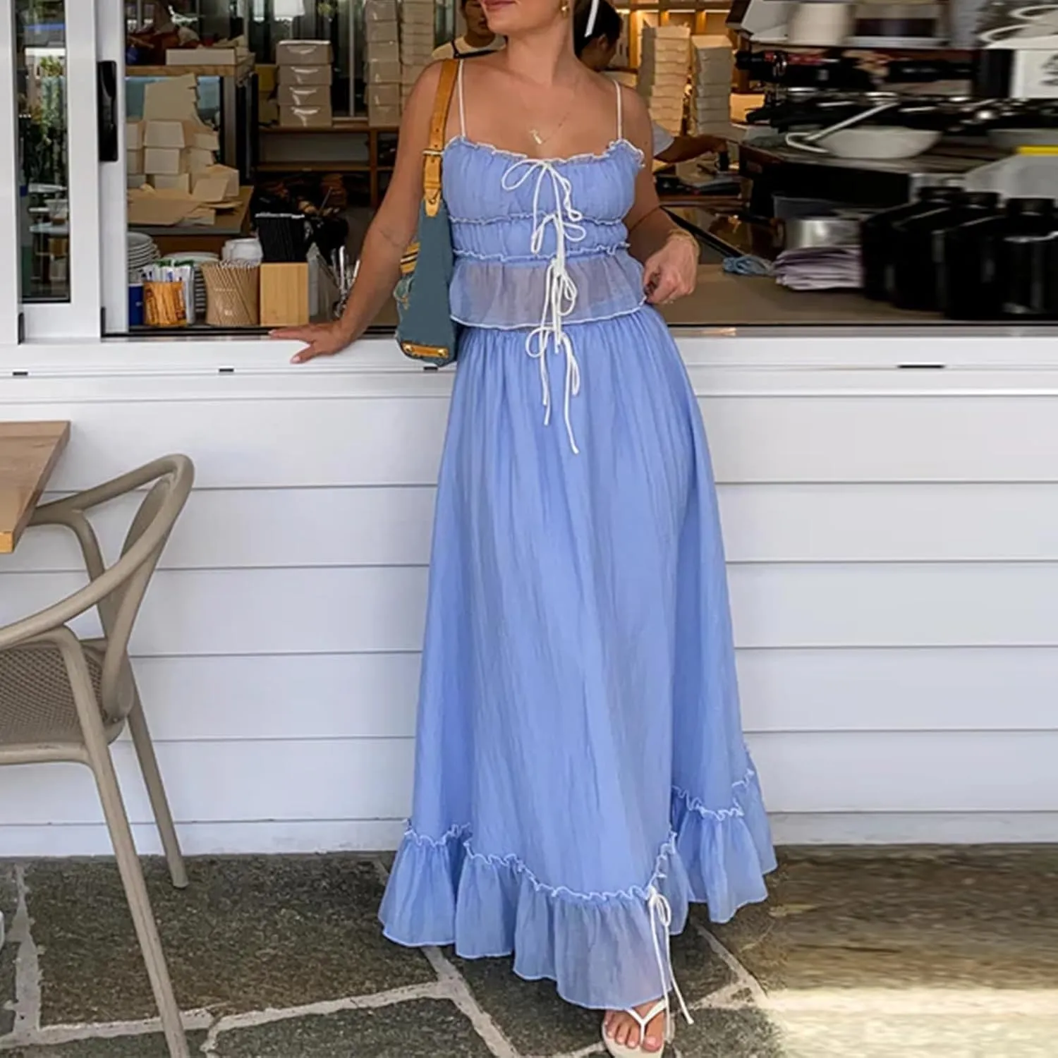 Women 2 Piece Maxi Skirt Set Front Tie-Up Camisoles Tank Top and Ruffle Maxi Dress Summer Two Piece Outfits