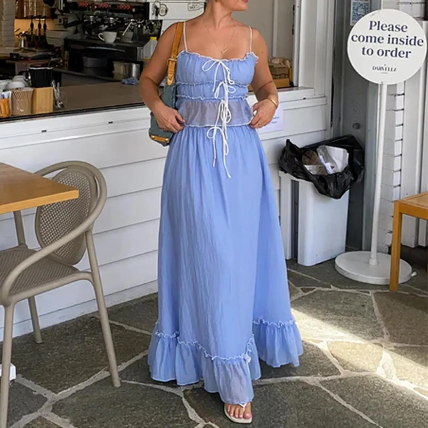 Women 2 Piece Maxi Skirt Set Front Tie-Up Camisoles Tank Top and Ruffle Maxi Dress Summer Two Piece Outfits
