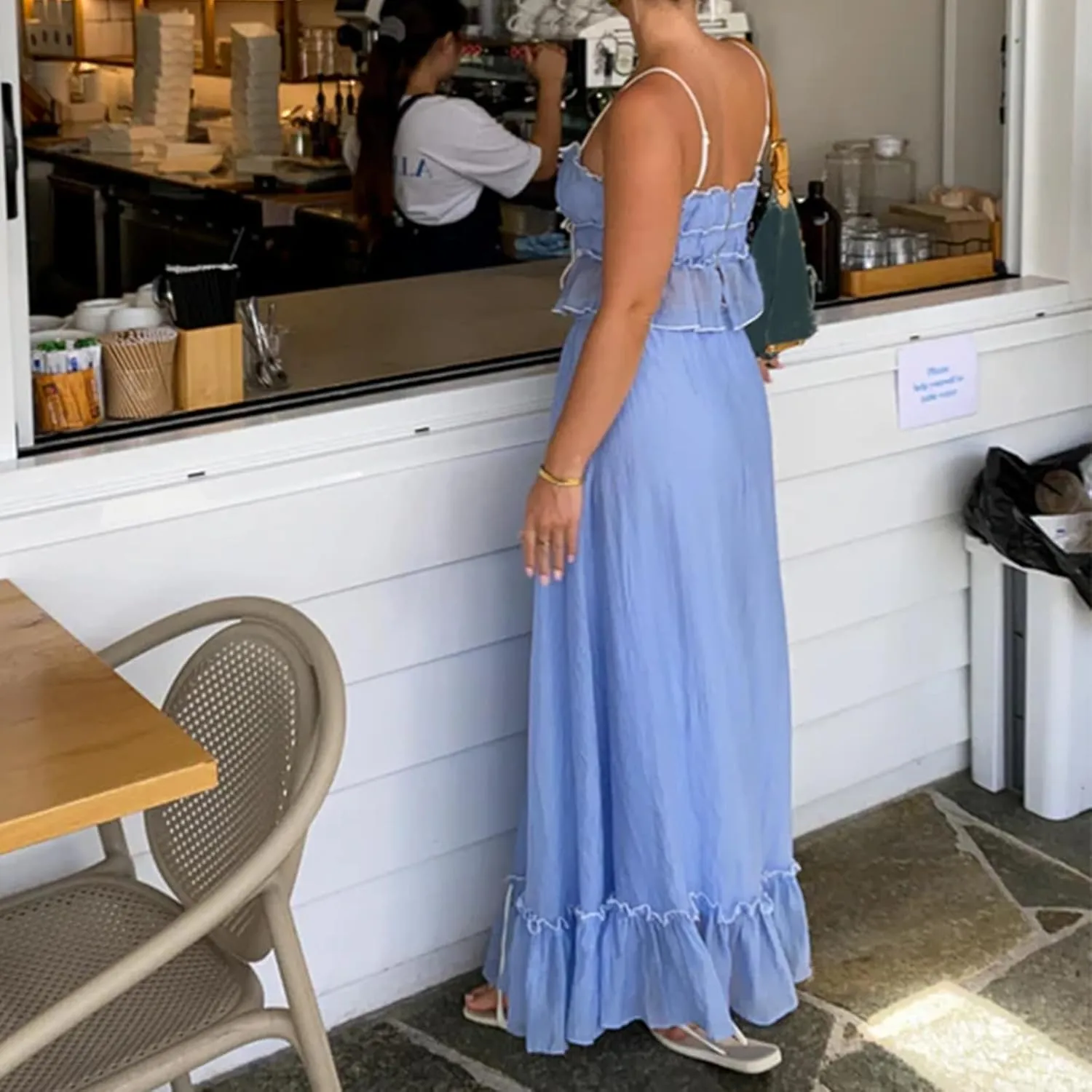 Women 2 Piece Maxi Skirt Set Front Tie-Up Camisoles Tank Top and Ruffle Maxi Dress Summer Two Piece Outfits