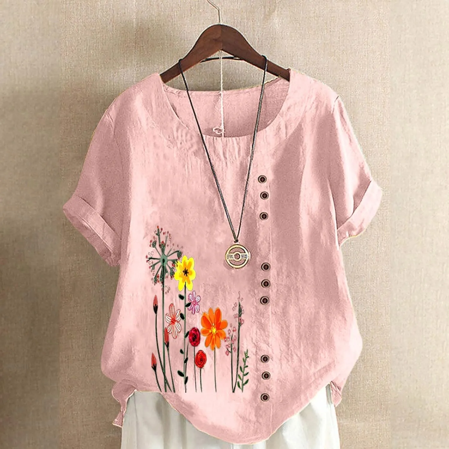 Women Floral Print Linen Shirts Short Sleeve Gauze Tops Loose Fit Cotton Blouses Trendy 2024 Clothing