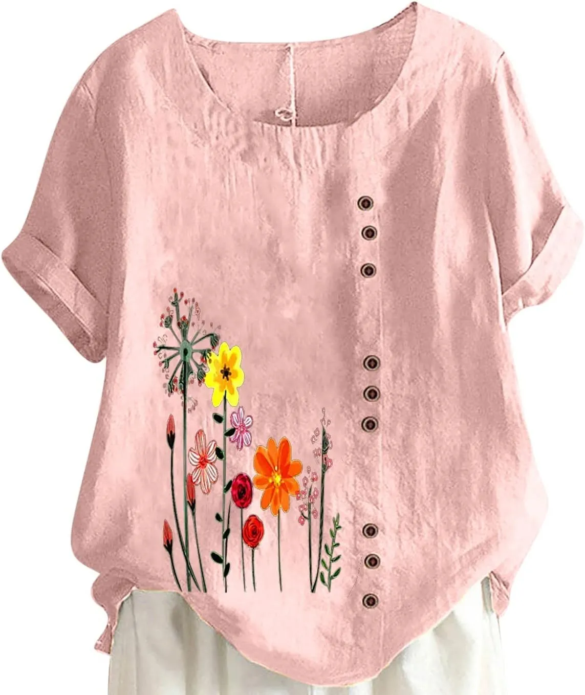 Women Floral Print Linen Shirts Short Sleeve Gauze Tops Loose Fit Cotton Blouses Trendy 2024 Clothing