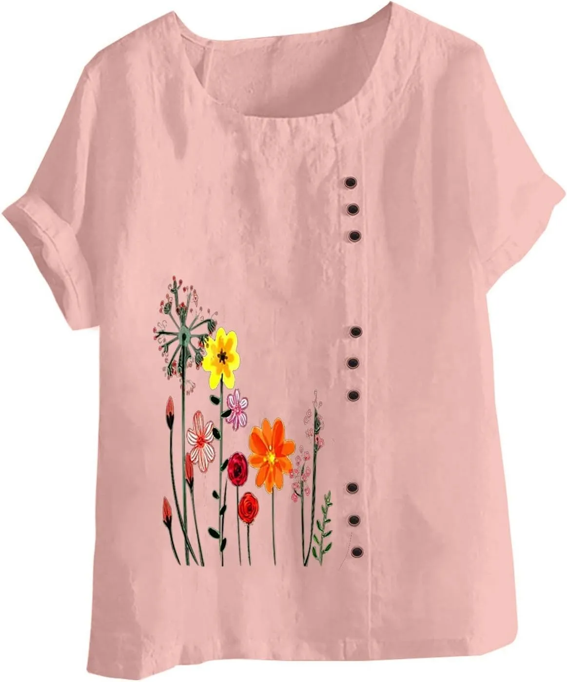 Women Floral Print Linen Shirts Short Sleeve Gauze Tops Loose Fit Cotton Blouses Trendy 2024 Clothing