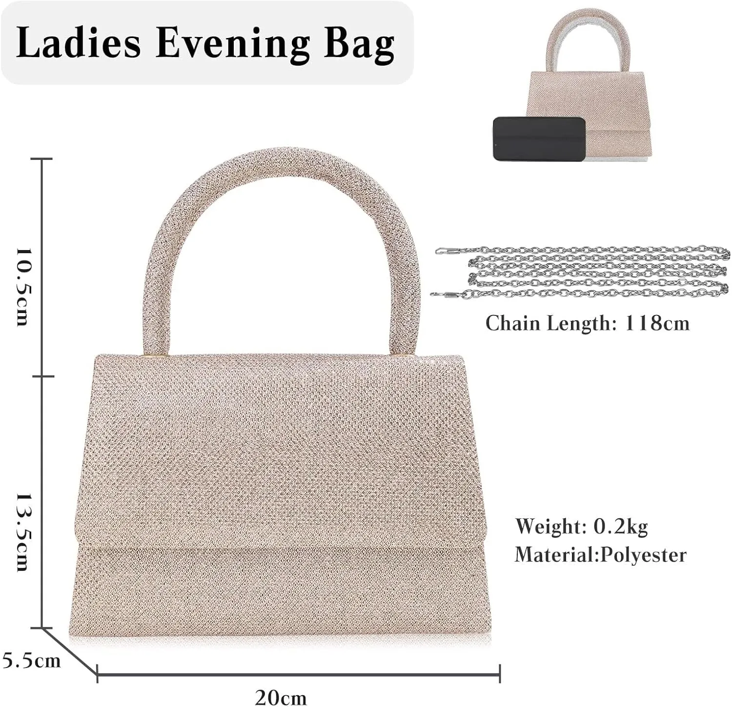 Women Handbag Evening Glitter Clutch Sparkly Bridal Wedding Purse Shoulder Crossbody with Detachable Chain Fashion