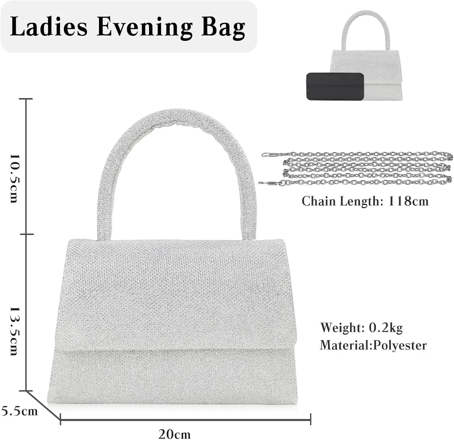 Women Handbag Evening Glitter Clutch Sparkly Bridal Wedding Purse Shoulder Crossbody with Detachable Chain Fashion