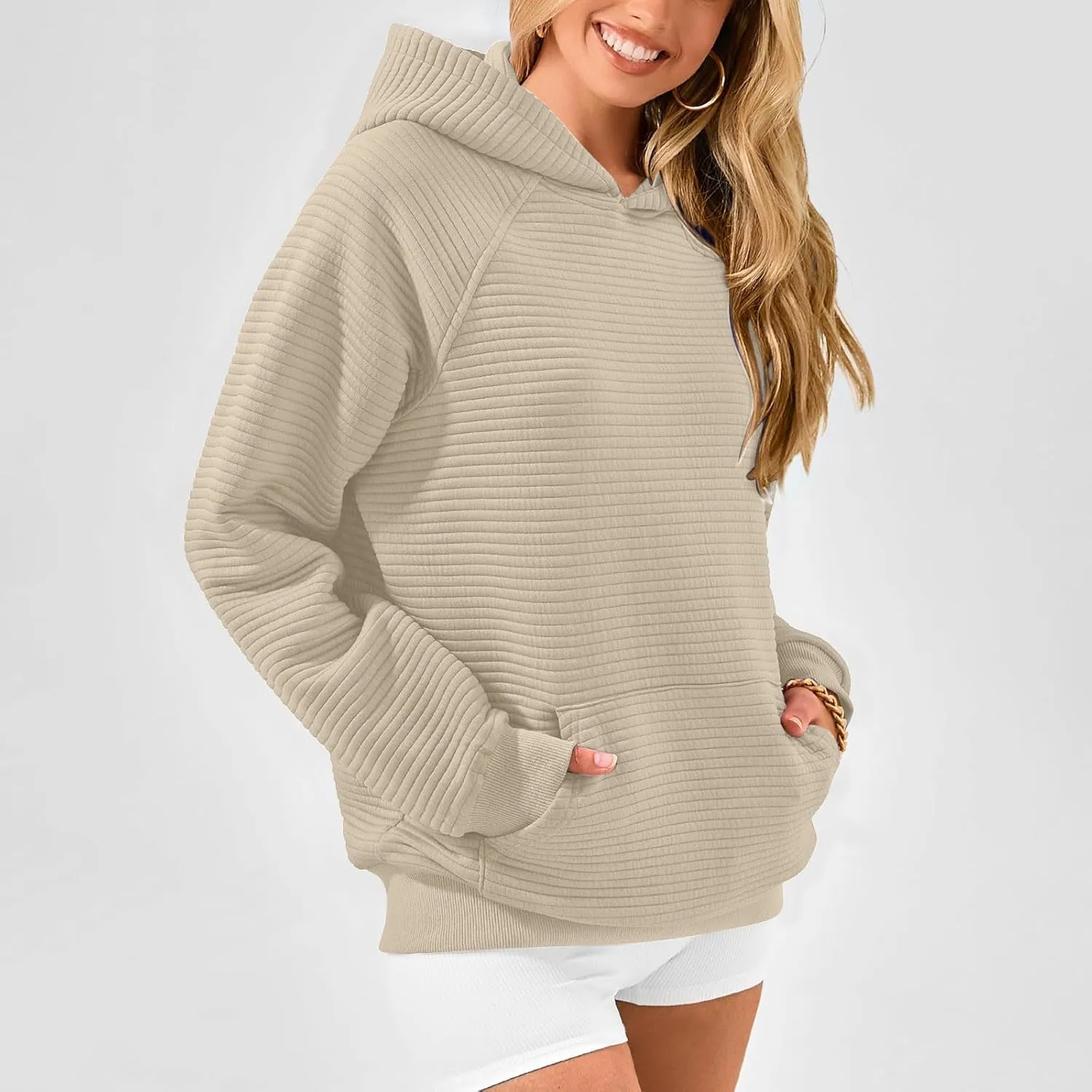 Women Hoodies Casual Hooded Oversized Sweatshirts with Large Pocket Raglan Long Sleeve Loose Solid Pullover Tops