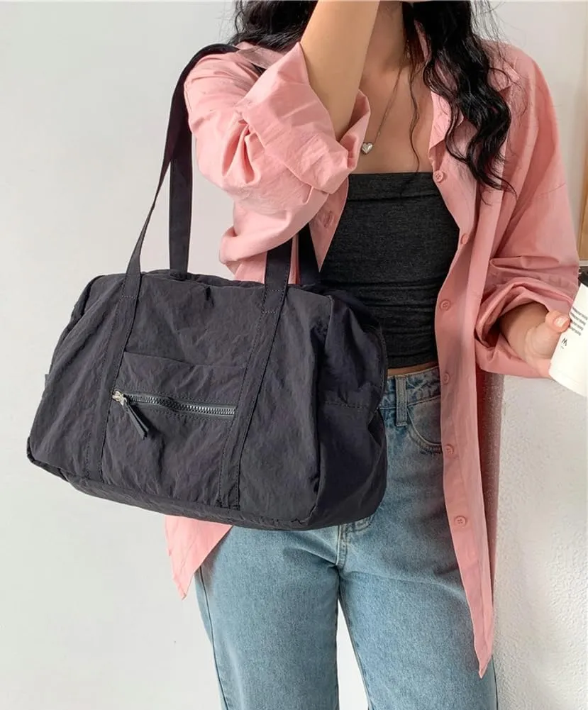 Women Large Capacity Shoulder Handbag Soft Nylon Hobo Bag Casual Solid Tote Purse Travel Commuting Gym