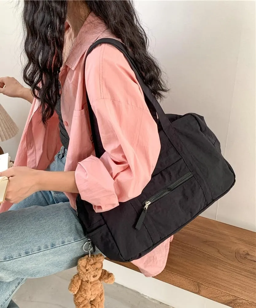 Women Large Capacity Shoulder Handbag Soft Nylon Hobo Bag Casual Solid Tote Purse Travel Commuting Gym