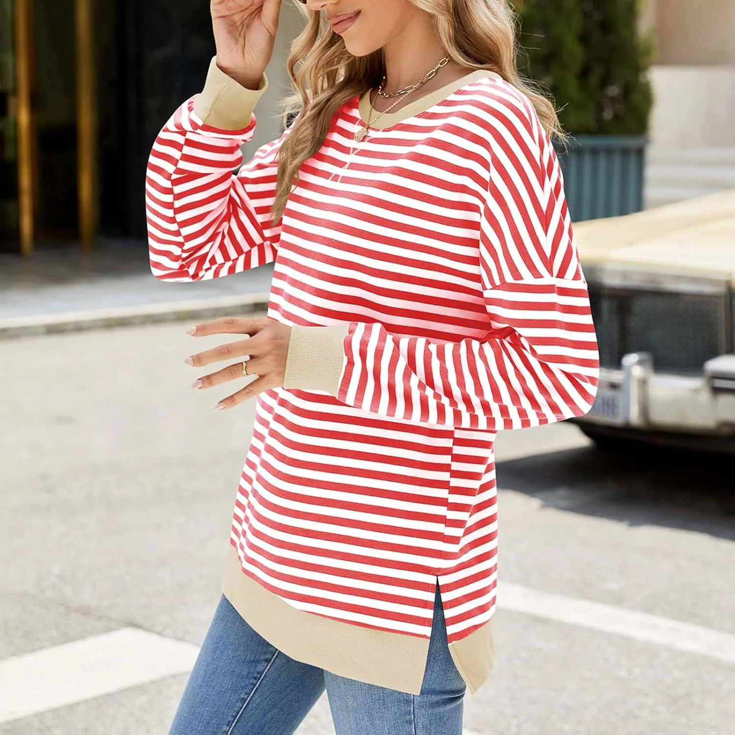 Women Oversized Striped Sweatshirts Color Block Long Sleeve Hoodies Crew Neck Loose Fit Tops Casual Pullover Y2K Top