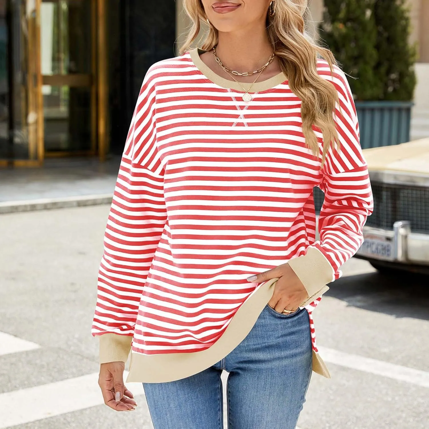 Women Oversized Striped Sweatshirts Color Block Long Sleeve Hoodies Crew Neck Loose Fit Tops Casual Pullover Y2K Top