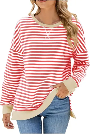 Women Oversized Striped Sweatshirts Color Block Long Sleeve Hoodies Crew Neck Loose Fit Tops Casual Pullover Y2K Top