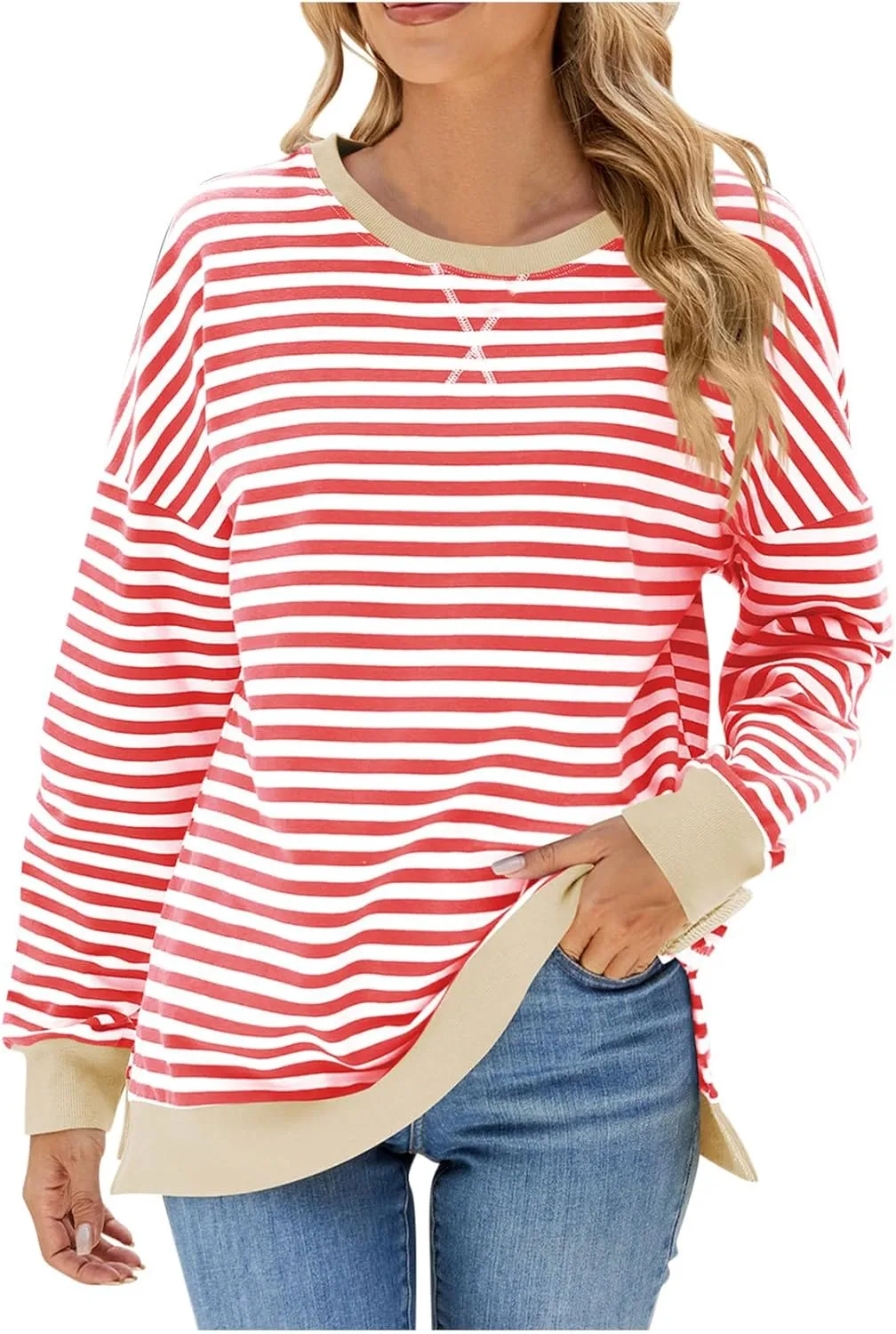 Women Oversized Striped Sweatshirts Color Block Long Sleeve Hoodies Crew Neck Loose Fit Tops Casual Pullover Y2K Top