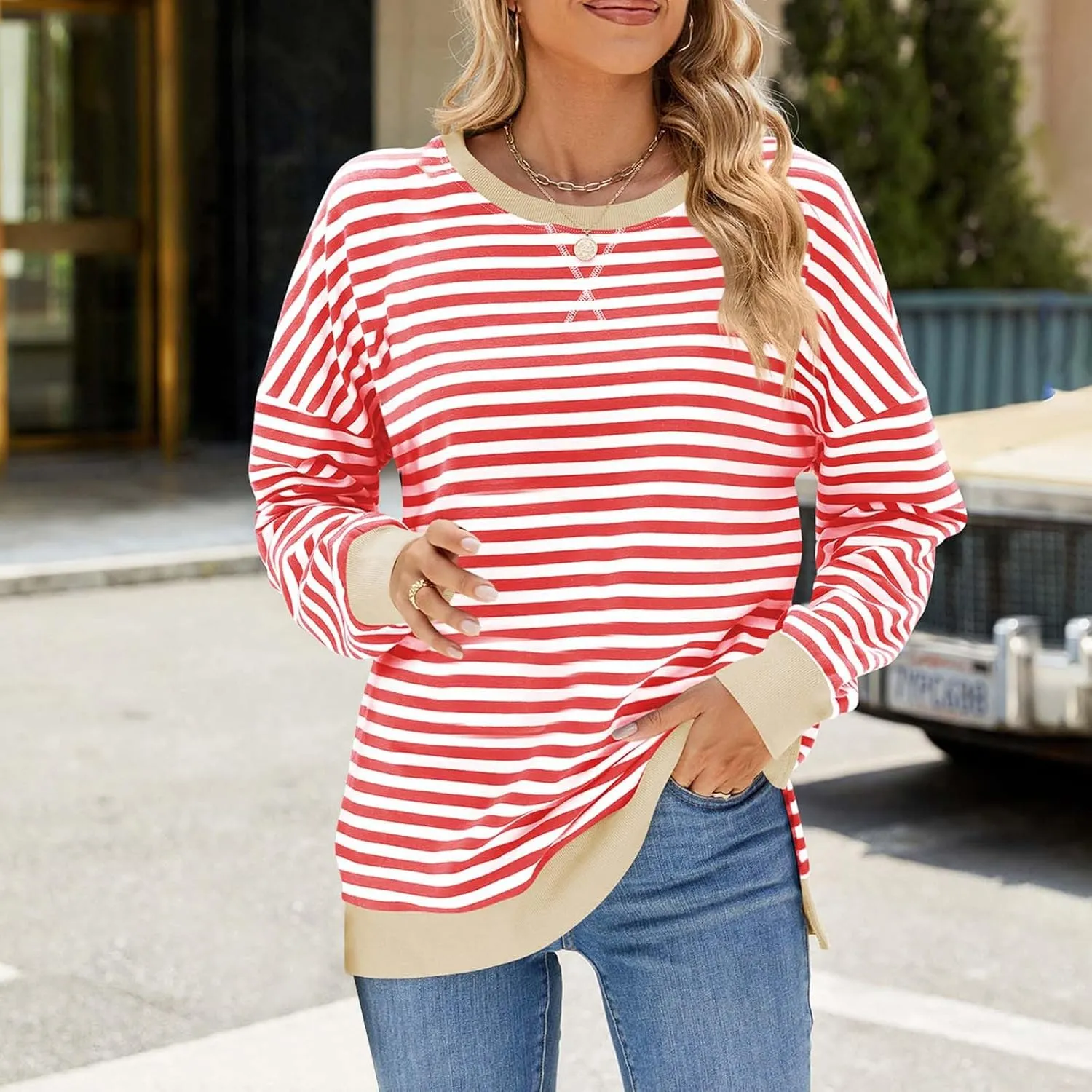 Women Oversized Striped Sweatshirts Color Block Long Sleeve Hoodies Crew Neck Loose Fit Tops Casual Pullover Y2K Top