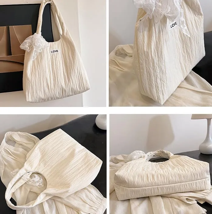 Women Puffy Tote Bag Large Shoulder Bag for Women Lightweight Hobo Bag with Lace Bow-Tie Soft Tote Handbags Travel Gym Work