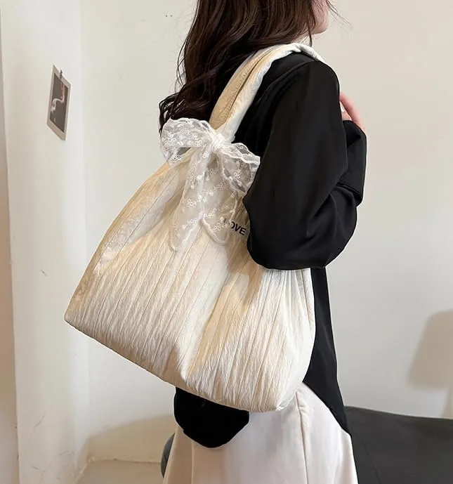 Women Puffy Tote Bag Large Shoulder Bag for Women Lightweight Hobo Bag with Lace Bow-Tie Soft Tote Handbags Travel Gym Work