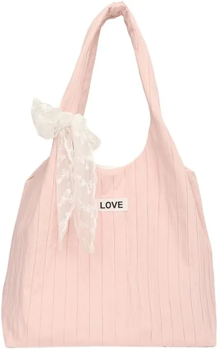 Women Puffy Tote Bag Large Shoulder Bag for Women Lightweight Hobo Bag with Lace Bow-Tie Soft Tote Handbags Travel Gym Work