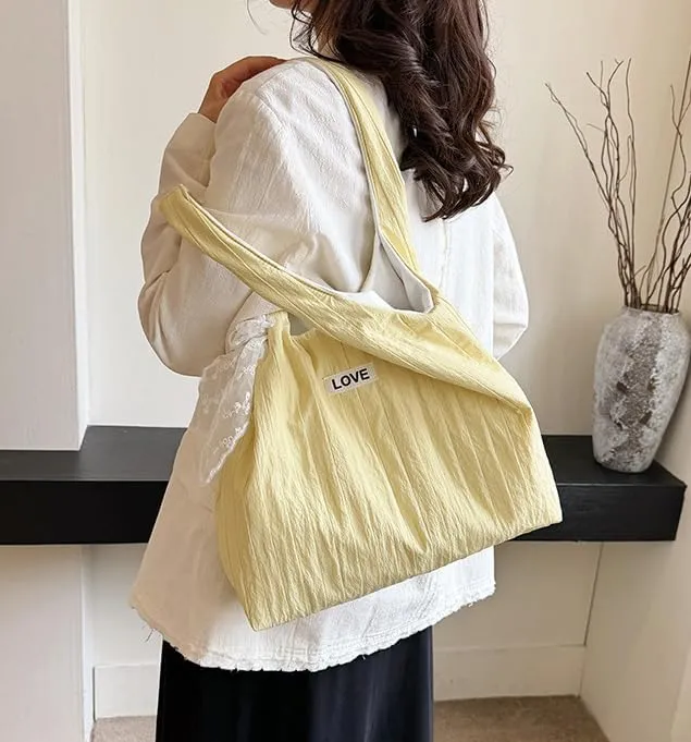 Women Puffy Tote Bag Large Shoulder Bag for Women Lightweight Hobo Bag with Lace Bow-Tie Soft Tote Handbags Travel Gym Work