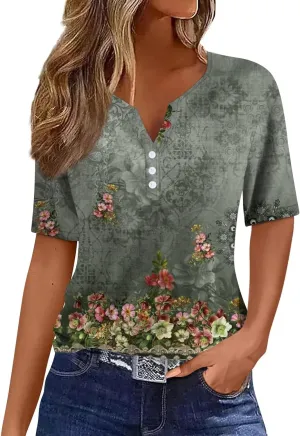 Women Short Sleeve Tops 2024 Summer Casual Pullover Fashion Blouse Tees Button V Neck Printed T Shirt Plus Size