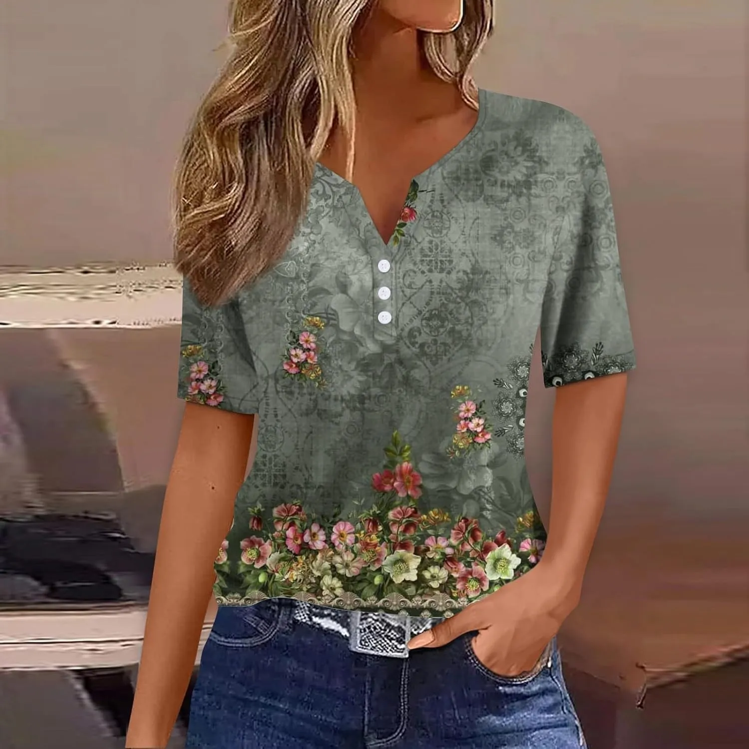 Women Short Sleeve Tops 2024 Summer Casual Pullover Fashion Blouse Tees Button V Neck Printed T Shirt Plus Size