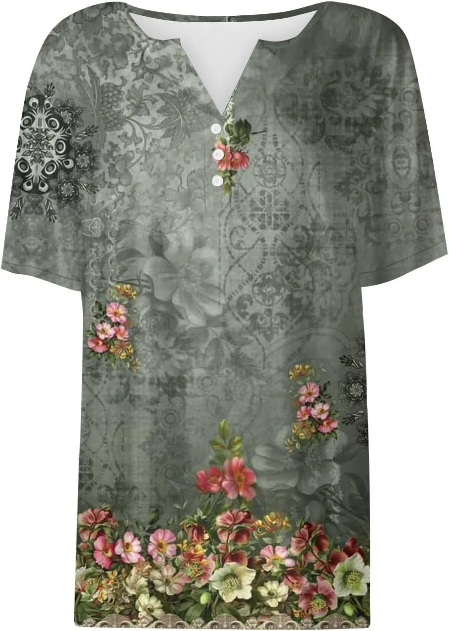 Women Short Sleeve Tops 2024 Summer Casual Pullover Fashion Blouse Tees Button V Neck Printed T Shirt Plus Size