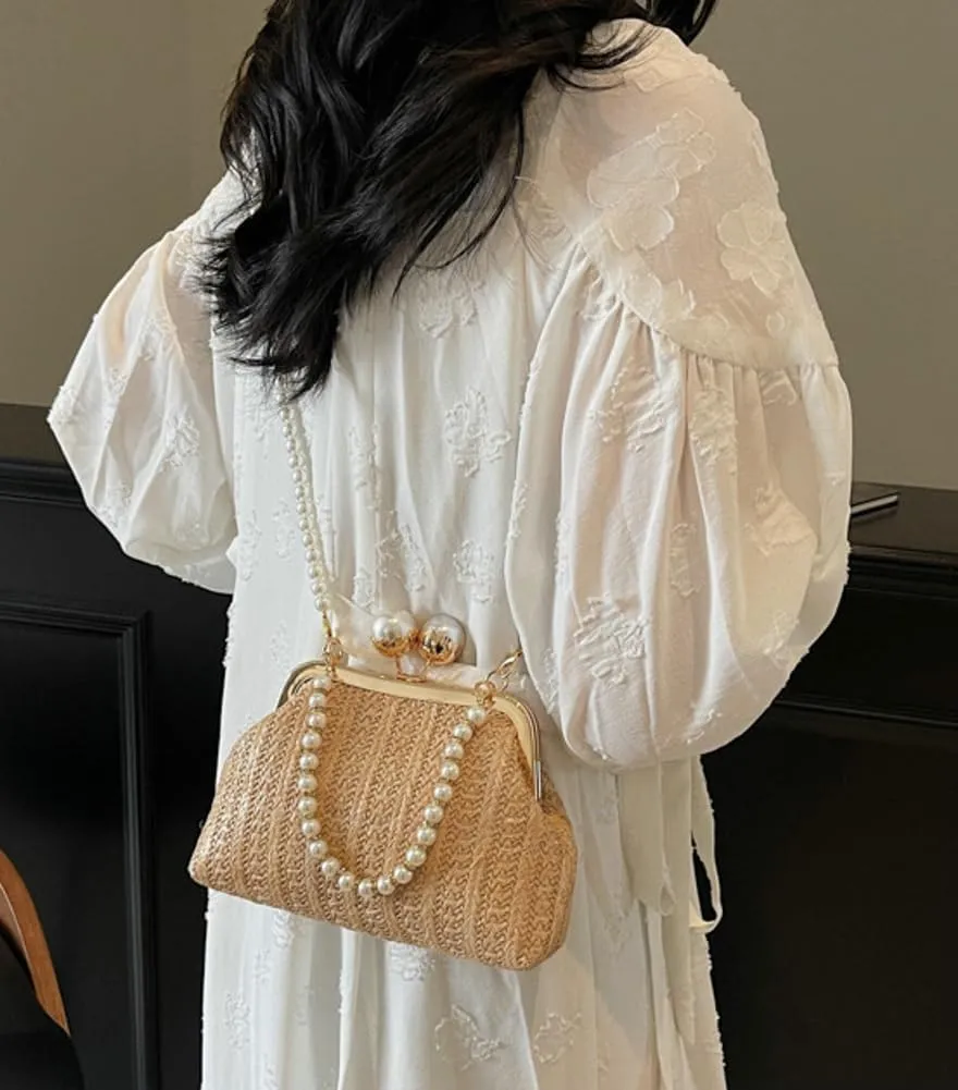 Women Straw Evening Handbag Woven Dumpling Clutch Pearl Shell Summer Beach Raffia Crossbody Shoulder Bag Travel Purse