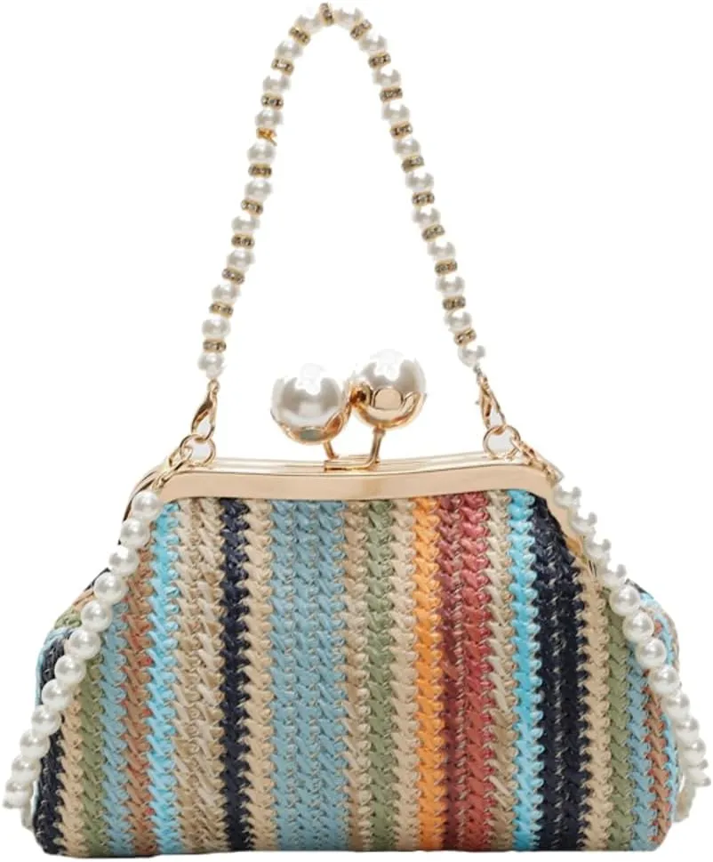 Women Straw Evening Handbag Woven Dumpling Clutch Pearl Shell Summer Beach Raffia Crossbody Shoulder Bag Travel Purse