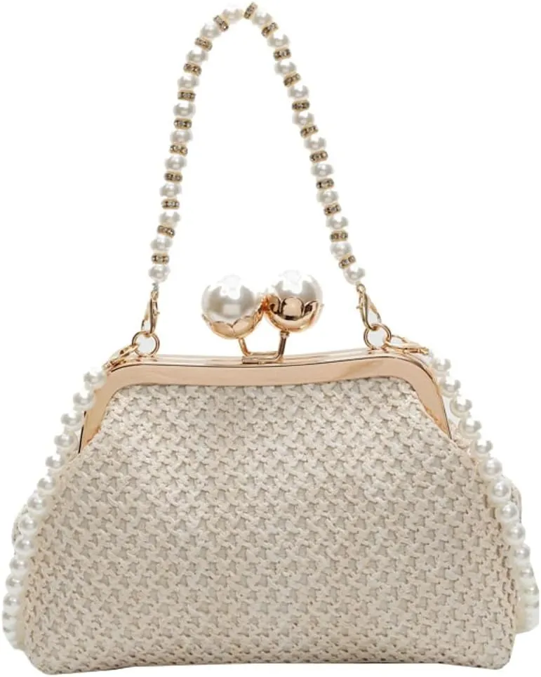 Women Straw Evening Handbag Woven Dumpling Clutch Pearl Shell Summer Beach Raffia Crossbody Shoulder Bag Travel Purse