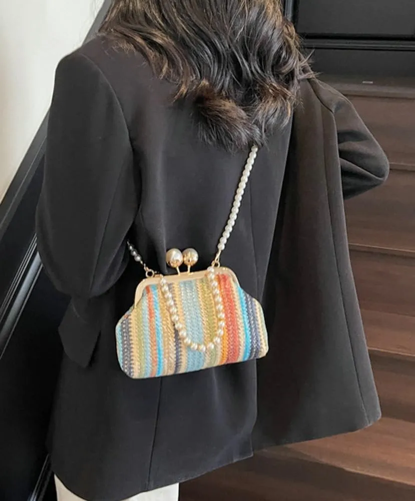 Women Straw Evening Handbag Woven Dumpling Clutch Pearl Shell Summer Beach Raffia Crossbody Shoulder Bag Travel Purse