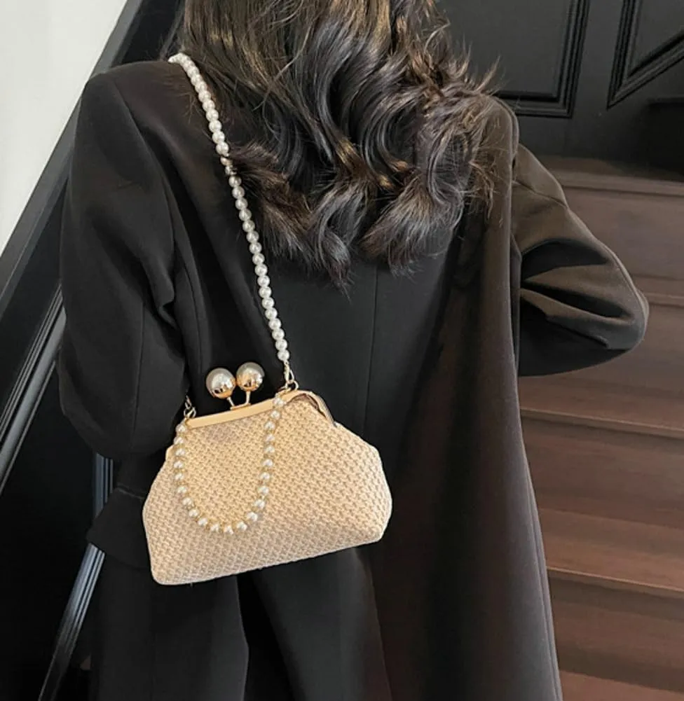 Women Straw Evening Handbag Woven Dumpling Clutch Pearl Shell Summer Beach Raffia Crossbody Shoulder Bag Travel Purse