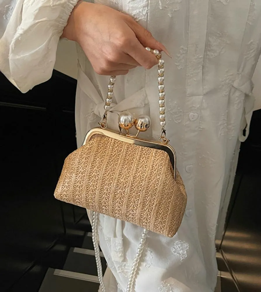 Women Straw Evening Handbag Woven Dumpling Clutch Pearl Shell Summer Beach Raffia Crossbody Shoulder Bag Travel Purse