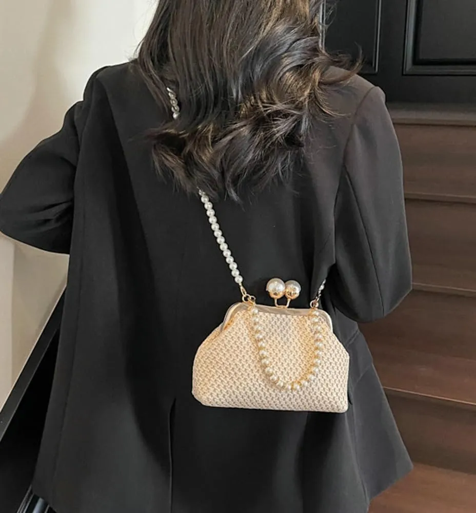 Women Straw Evening Handbag Woven Dumpling Clutch Pearl Shell Summer Beach Raffia Crossbody Shoulder Bag Travel Purse