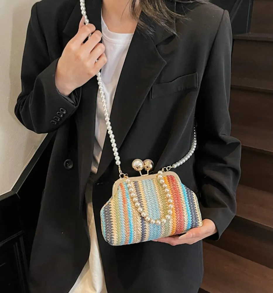 Women Straw Evening Handbag Woven Dumpling Clutch Pearl Shell Summer Beach Raffia Crossbody Shoulder Bag Travel Purse