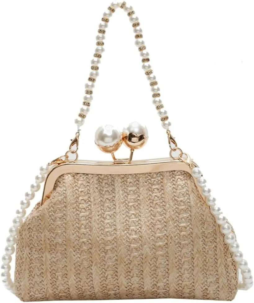 Women Straw Evening Handbag Woven Dumpling Clutch Pearl Shell Summer Beach Raffia Crossbody Shoulder Bag Travel Purse