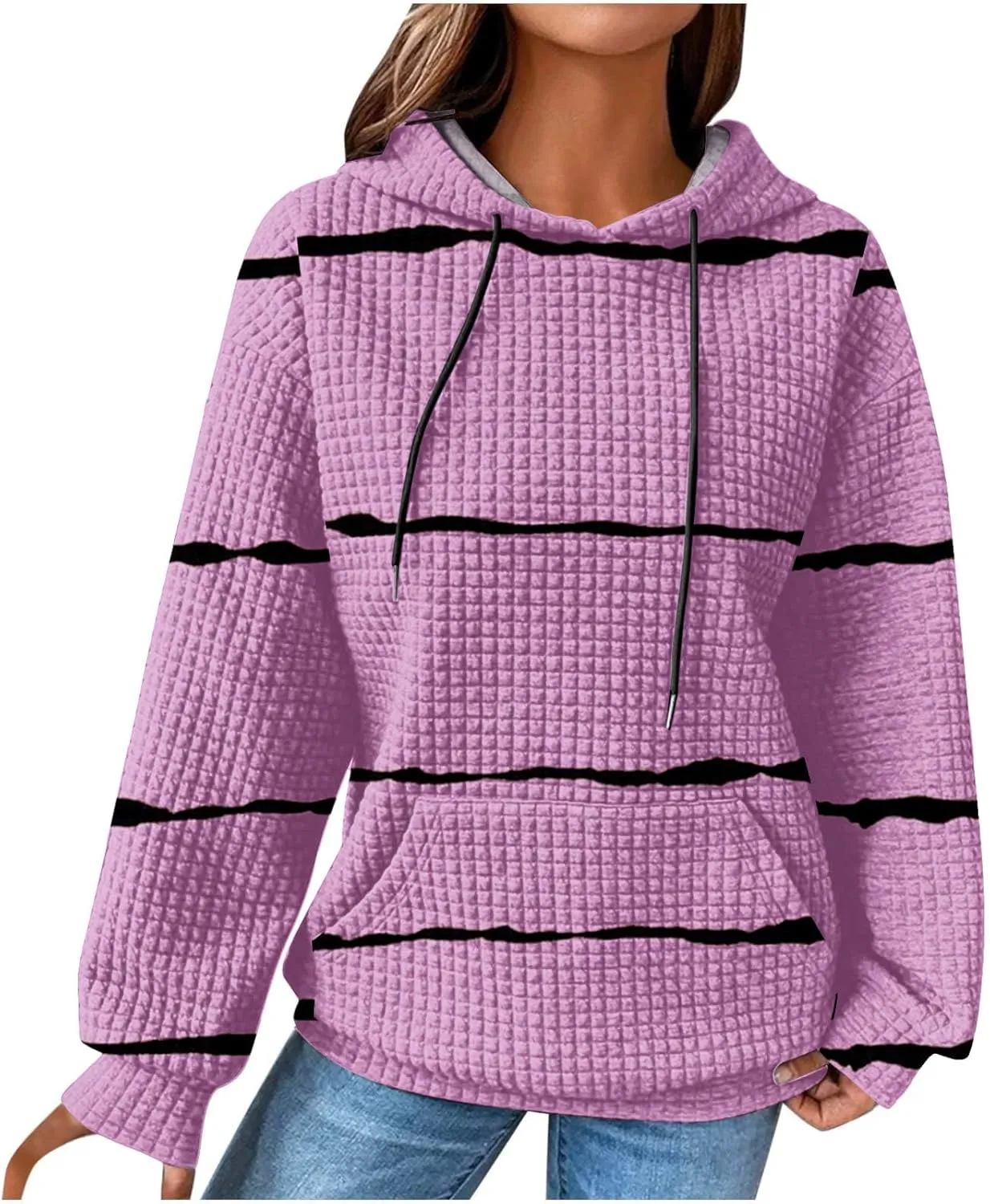 Women Striped Oversized Hoodies Long Sleeve Color Block Sweatshirt Drawstring Pullover Waffle Knit Tops Fall Outfits