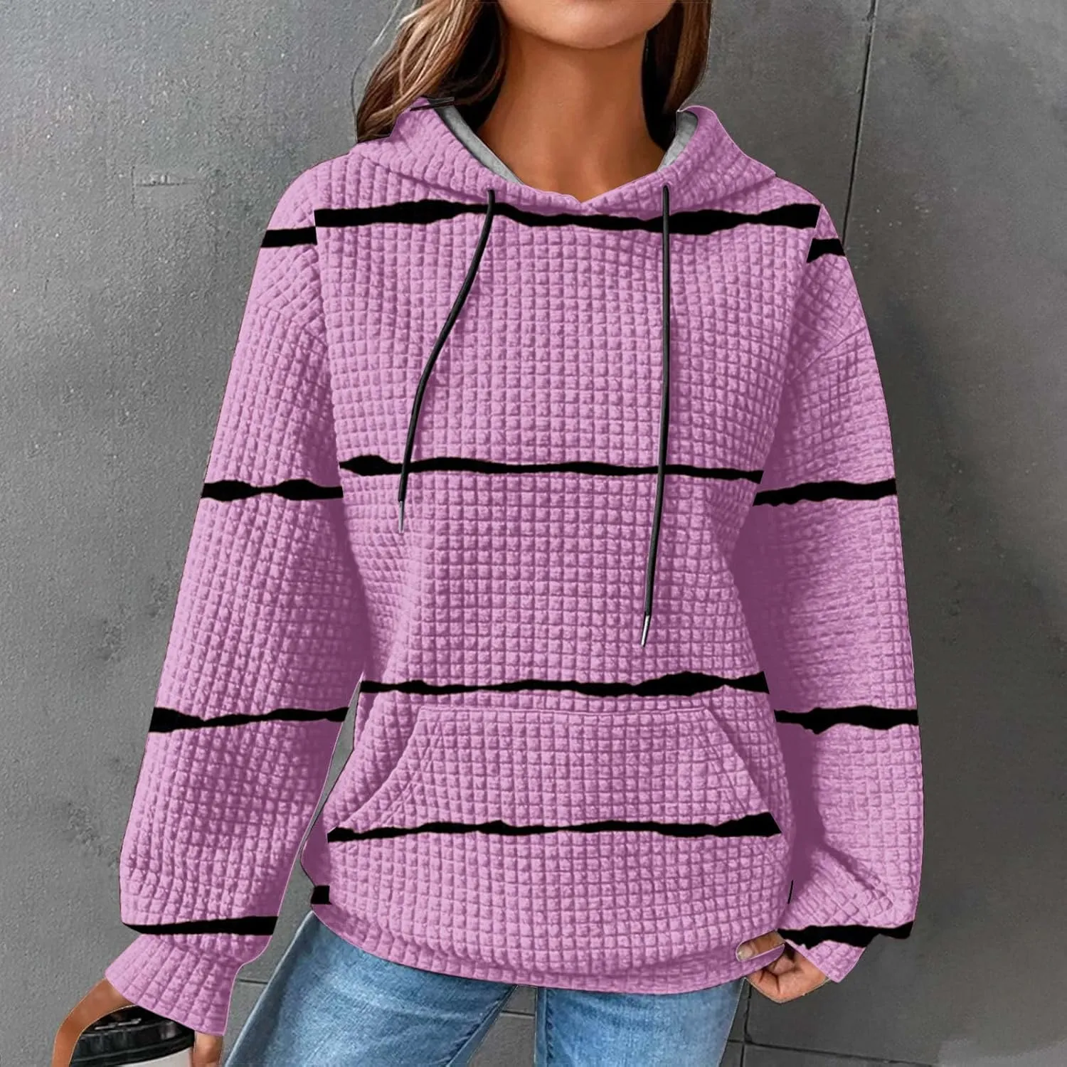 Women Striped Oversized Hoodies Long Sleeve Color Block Sweatshirt Drawstring Pullover Waffle Knit Tops Fall Outfits