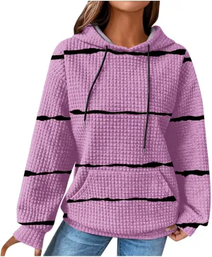 Women Striped Oversized Hoodies Long Sleeve Color Block Sweatshirt Drawstring Pullover Waffle Knit Tops Fall Outfits