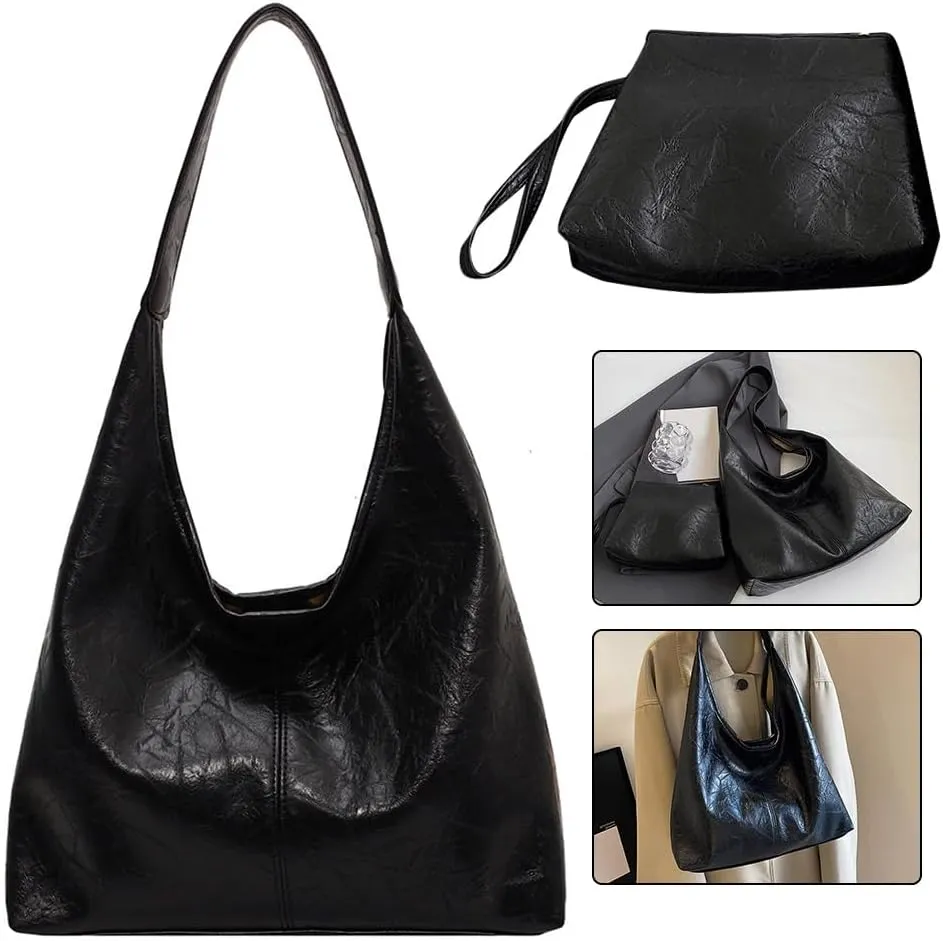 Women Vintage Hobo Bag Casual PU Leather Shoulder Bag Large Capacity Retro Tote Handbag Soft Underarm Bag Daily Dat