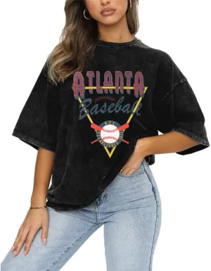 Women Vintage Tshirt Atlanta Baseball Letter Graphic Shirt Short Sleeve Oversized Loose Fit Summer Casual Tees Tops
