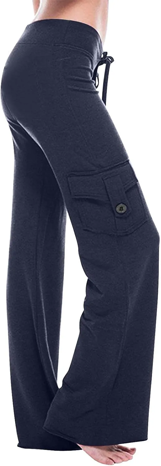 Women Workout Out Leggings Pants Solid Stretch Waist Button Pockets Yoga Gym Pants Elastic Waist Running Trousers