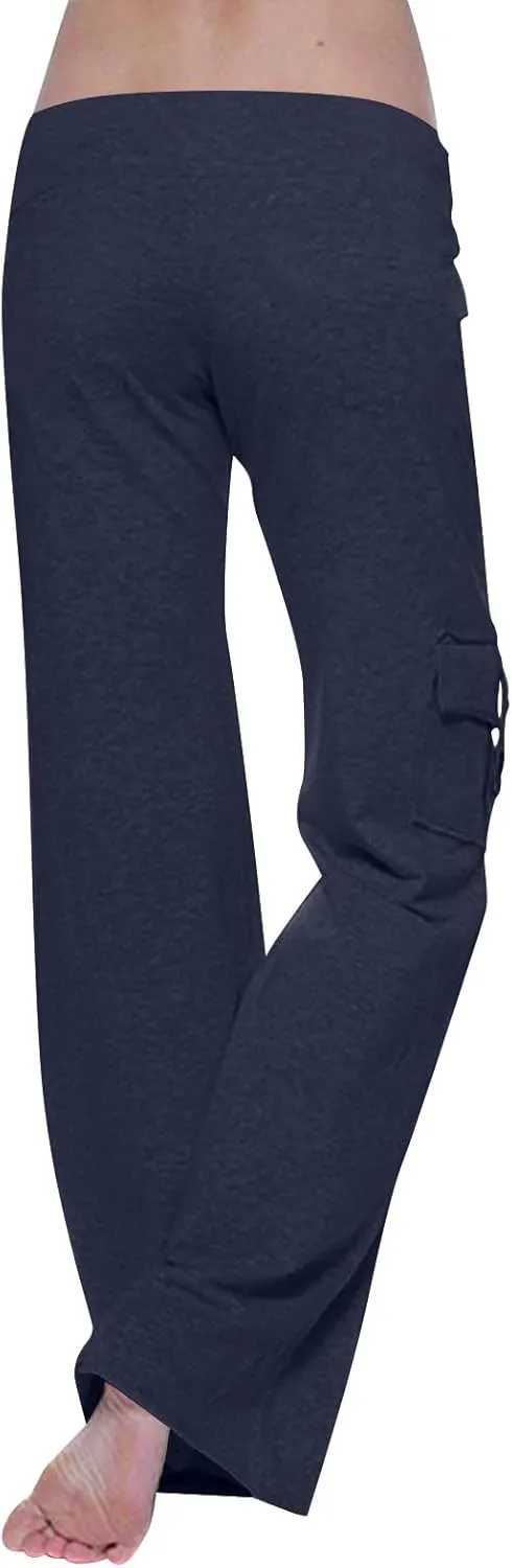 Women Workout Out Leggings Pants Solid Stretch Waist Button Pockets Yoga Gym Pants Elastic Waist Running Trousers