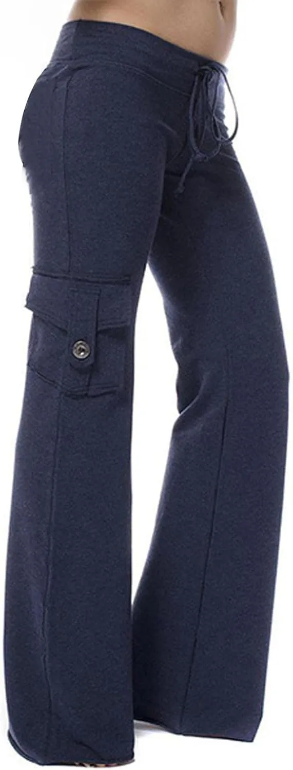 Women Workout Out Leggings Pants Solid Stretch Waist Button Pockets Yoga Gym Pants Elastic Waist Running Trousers