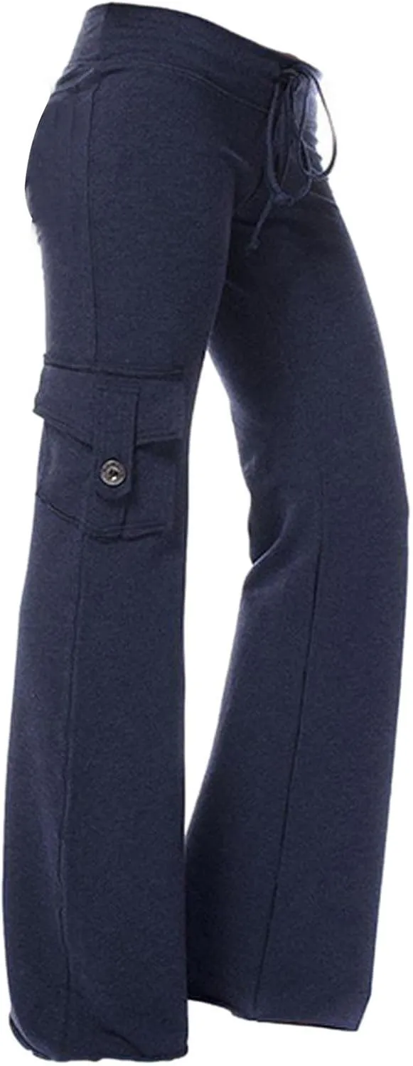 Women Workout Out Leggings Pants Solid Stretch Waist Button Pockets Yoga Gym Pants Elastic Waist Running Trousers