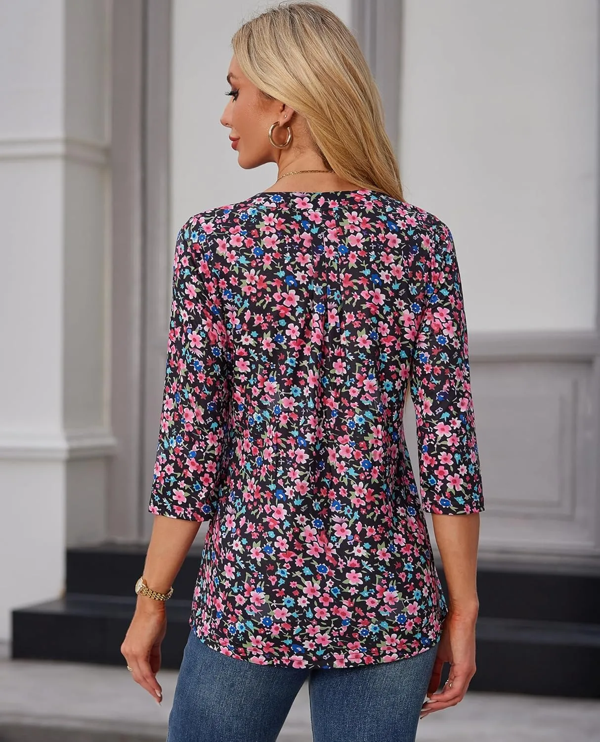 Womens 3/4 Sleeve Tops Business Casual Blouses V Neck Pleated Shirts Peasant Tunic Tops Dressy Casual Work Outfits