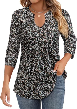 Womens 3/4 Sleeve Tops Business Casual Blouses V Neck Pleated Shirts Peasant Tunic Tops Dressy Casual Work Outfits