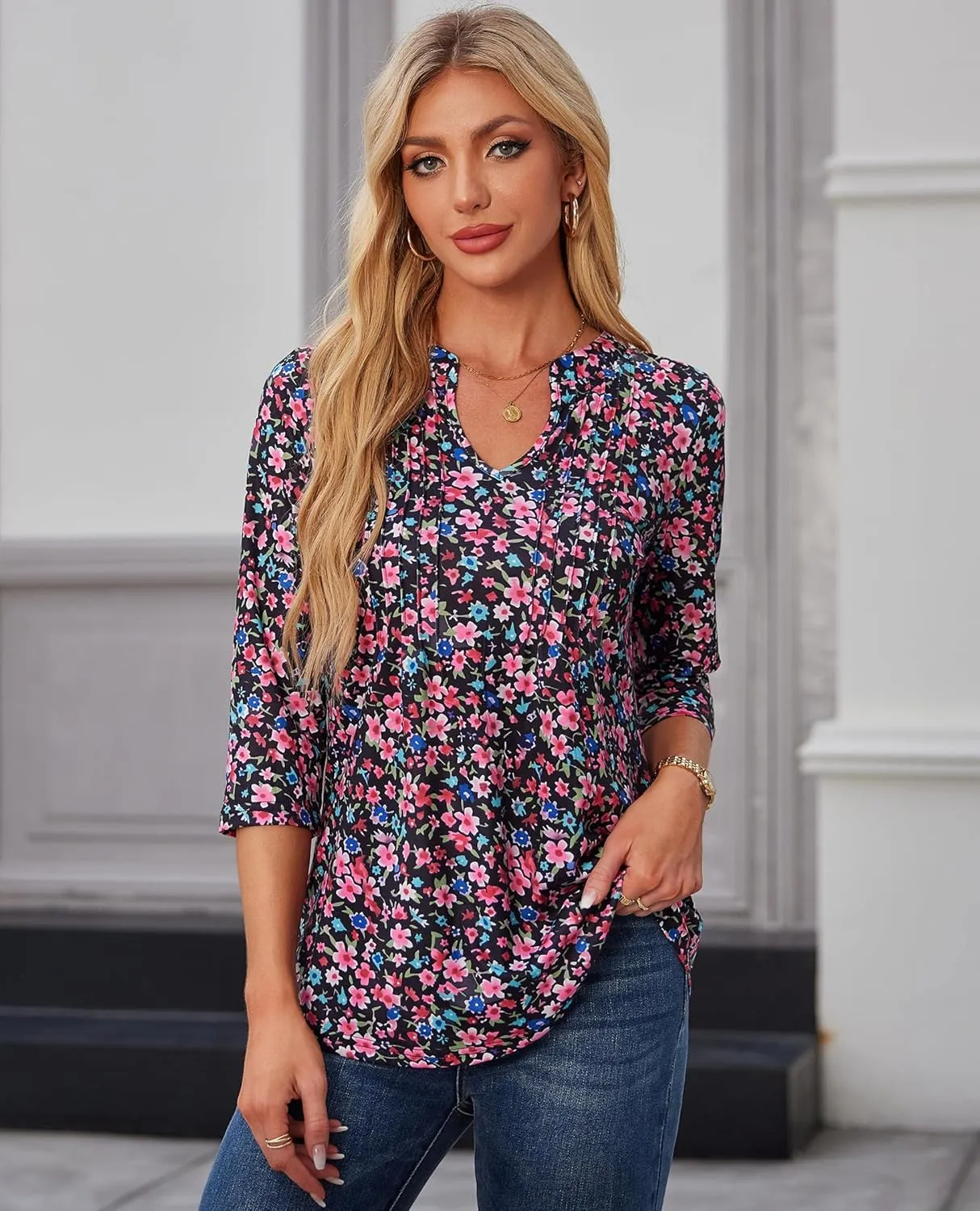 Womens 3/4 Sleeve Tops Business Casual Blouses V Neck Pleated Shirts Peasant Tunic Tops Dressy Casual Work Outfits