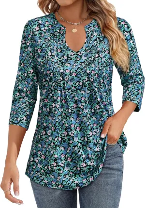 Womens 3/4 Sleeve Tops Business Casual Blouses V Neck Pleated Shirts Peasant Tunic Tops Dressy Casual Work Outfits
