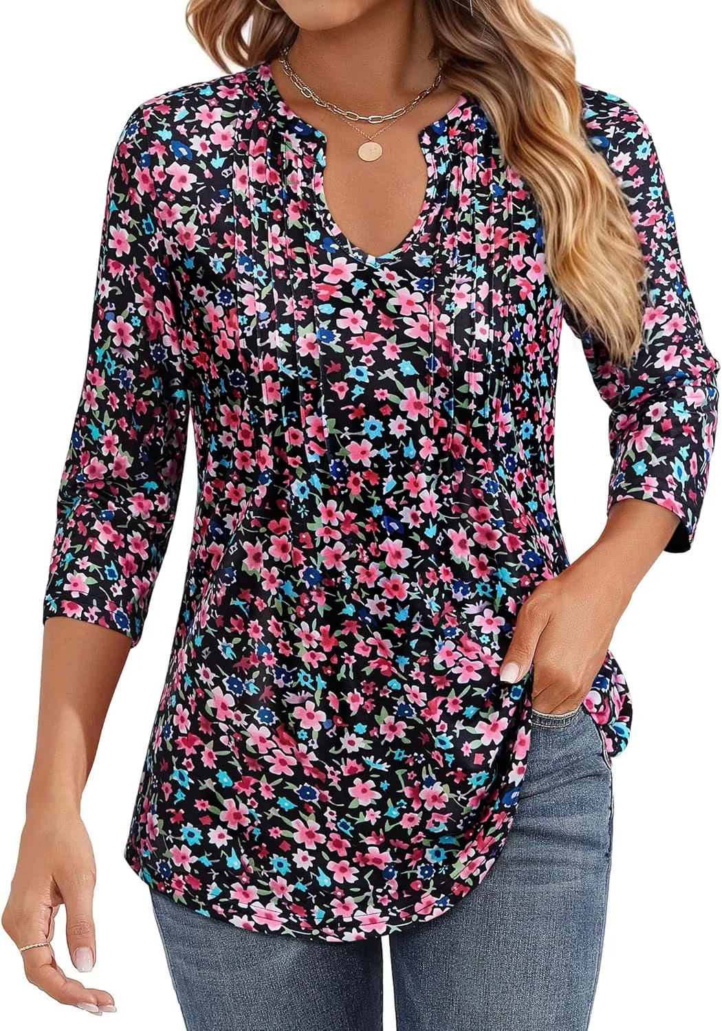 Womens 3/4 Sleeve Tops Business Casual Blouses V Neck Pleated Shirts Peasant Tunic Tops Dressy Casual Work Outfits